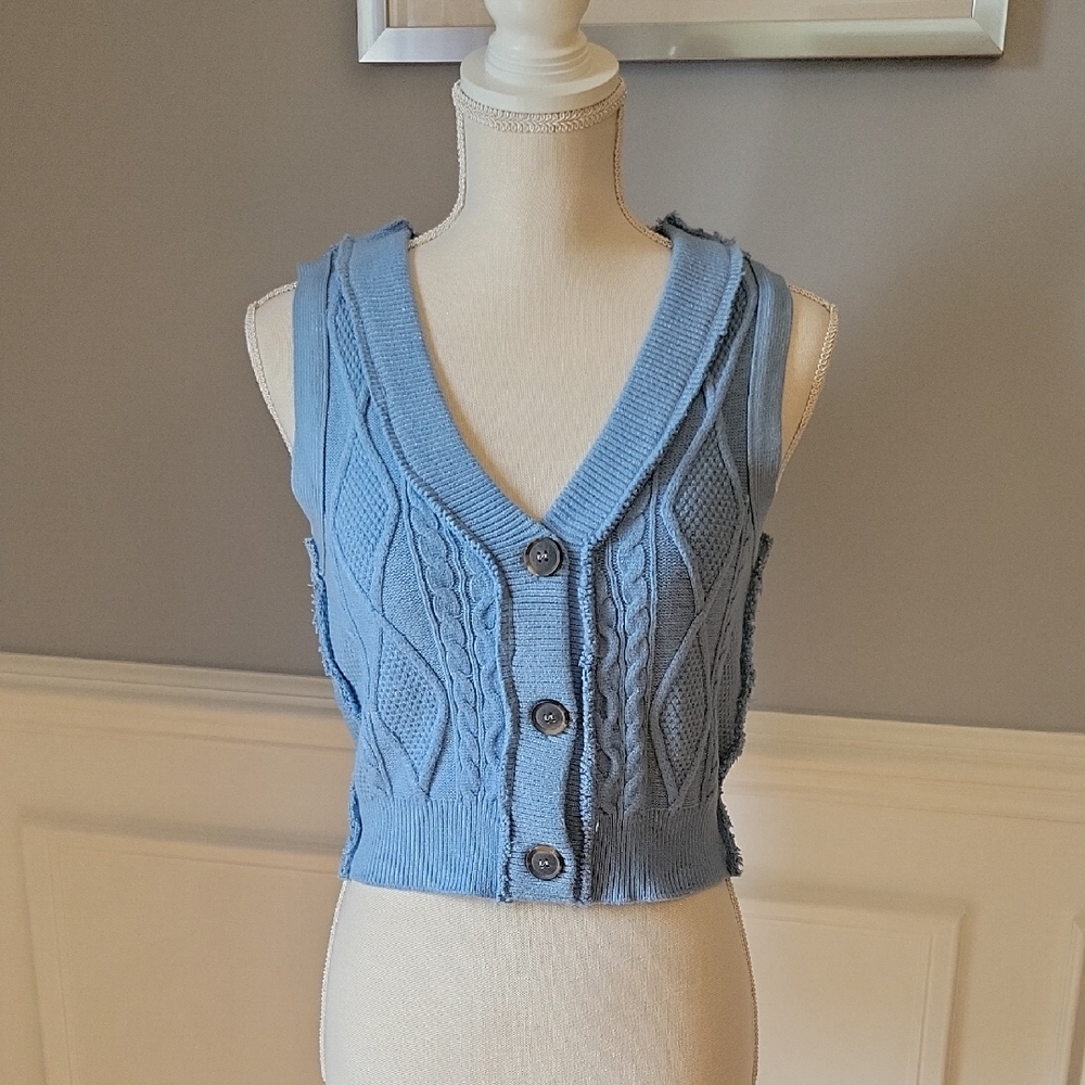 Free People Denson Cable Knit Vest Winding River Blue Size M - Picture 2 of 11